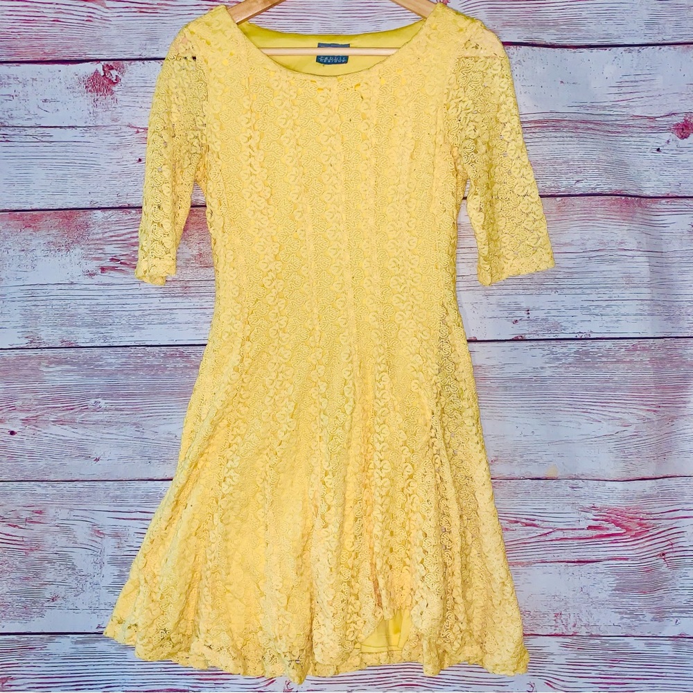 Rabbit Rabbit Rabbit Designs Crochet Stretch Fit and Flare Yellow Dress Small
